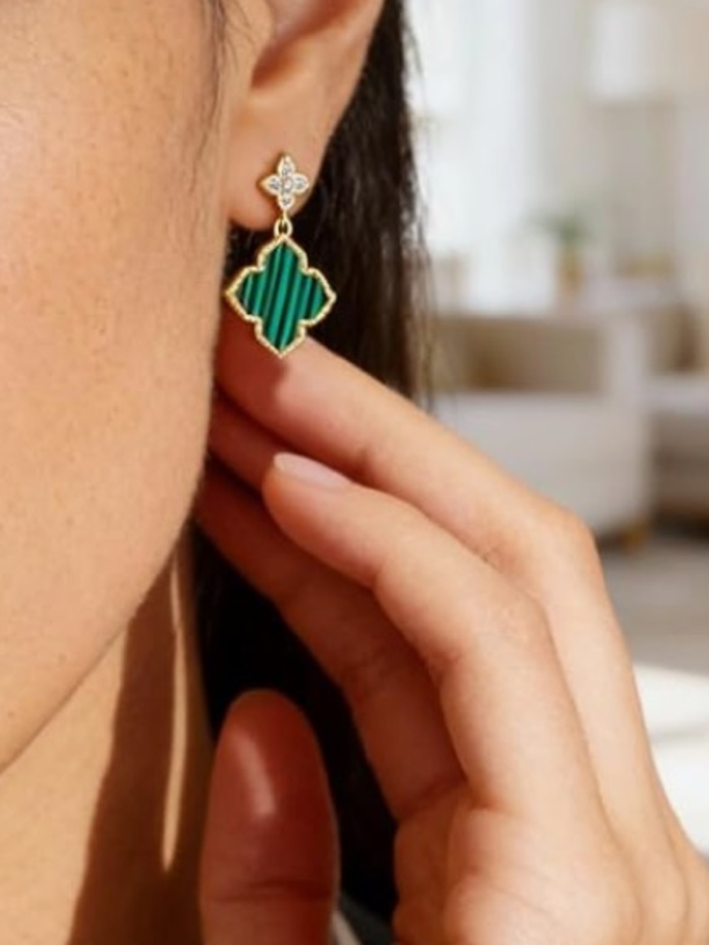 Anthropologie Gold-Tone Drop Earrings with Green Striped Clover Motifs - Picture 4 of 6